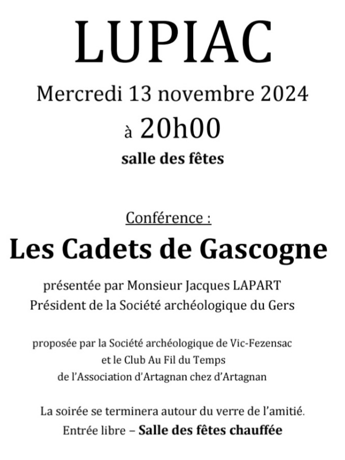 Les Cadets de Gascogne – Une conférence à Lupiac le 13 novembre 2024